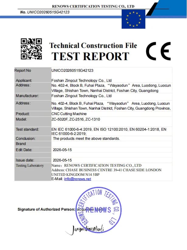 ZINGCUT CNC cutting machine CE test report issued by Renows Certification Testing Co., Ltd.